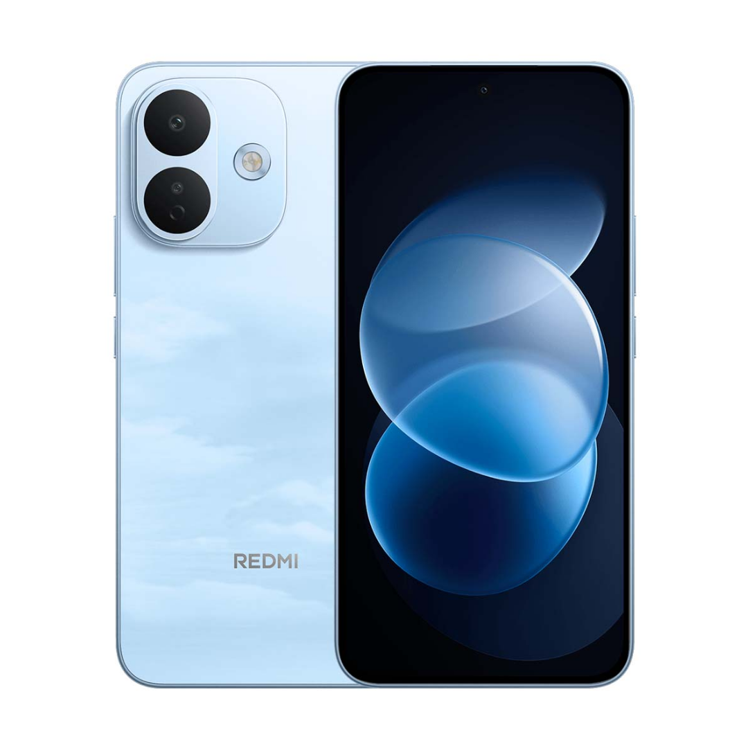 Redmi Note 17 Pro 5G azul celeste, vista trasera con cámara doble y pantalla con esferas azules