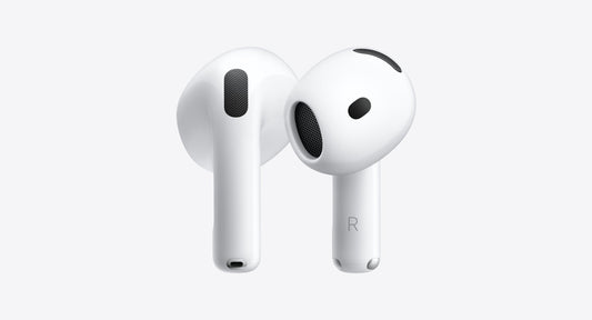 Detalle oficial de los dos AirPods 5 blancos, sin almohadillas de silicona
