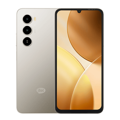 Itel A100 dorado champán, vista trasera con cámara triple y pantalla frontal encendida