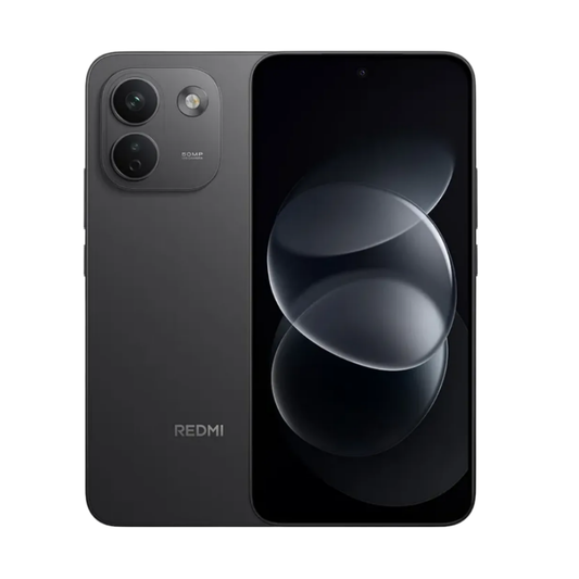 Redmi Note 17 Pro Max en negro, vista trasera con cámara doble y pantalla en esferas grises