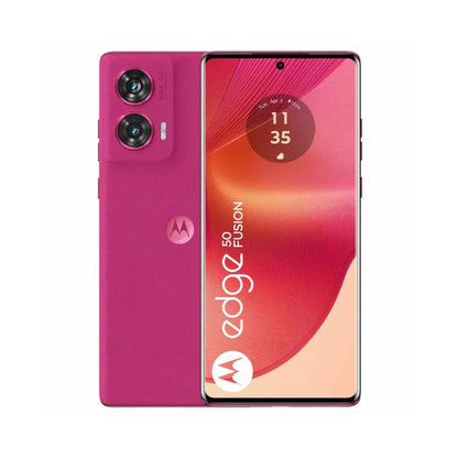 Motorola Edge 50 Fusion 256GB fucsia, vista trasera con cámara y pantalla encendida