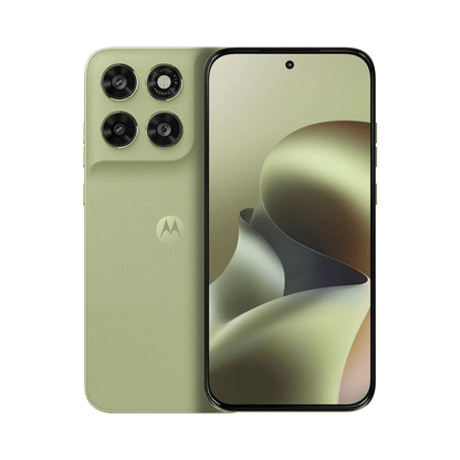 Moto G67 verde lima, trasera con cámaras cuádruples y pantalla promocional Moto AI