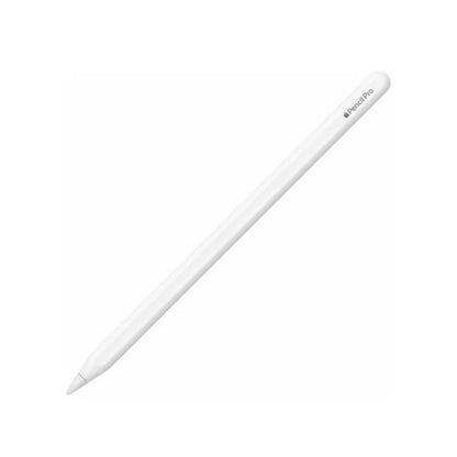 Apple Pencil Pro blanco, vista completa en diagonal mostrando la punta y el grabado del logo