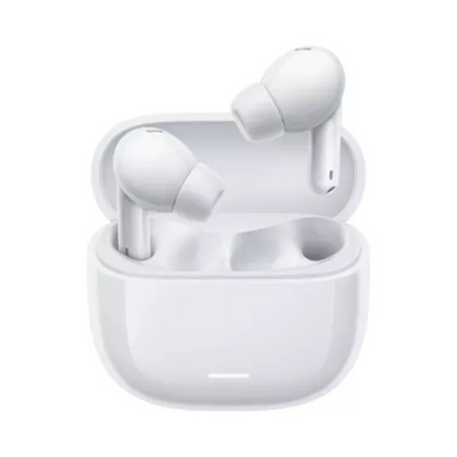 Redmi Buds 6 Lite blancos junto a su estuche de carga abierto
