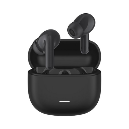 Xiaomi Redmi Buds 6 Lite en negro, ambos audífonos en el estuche abierto