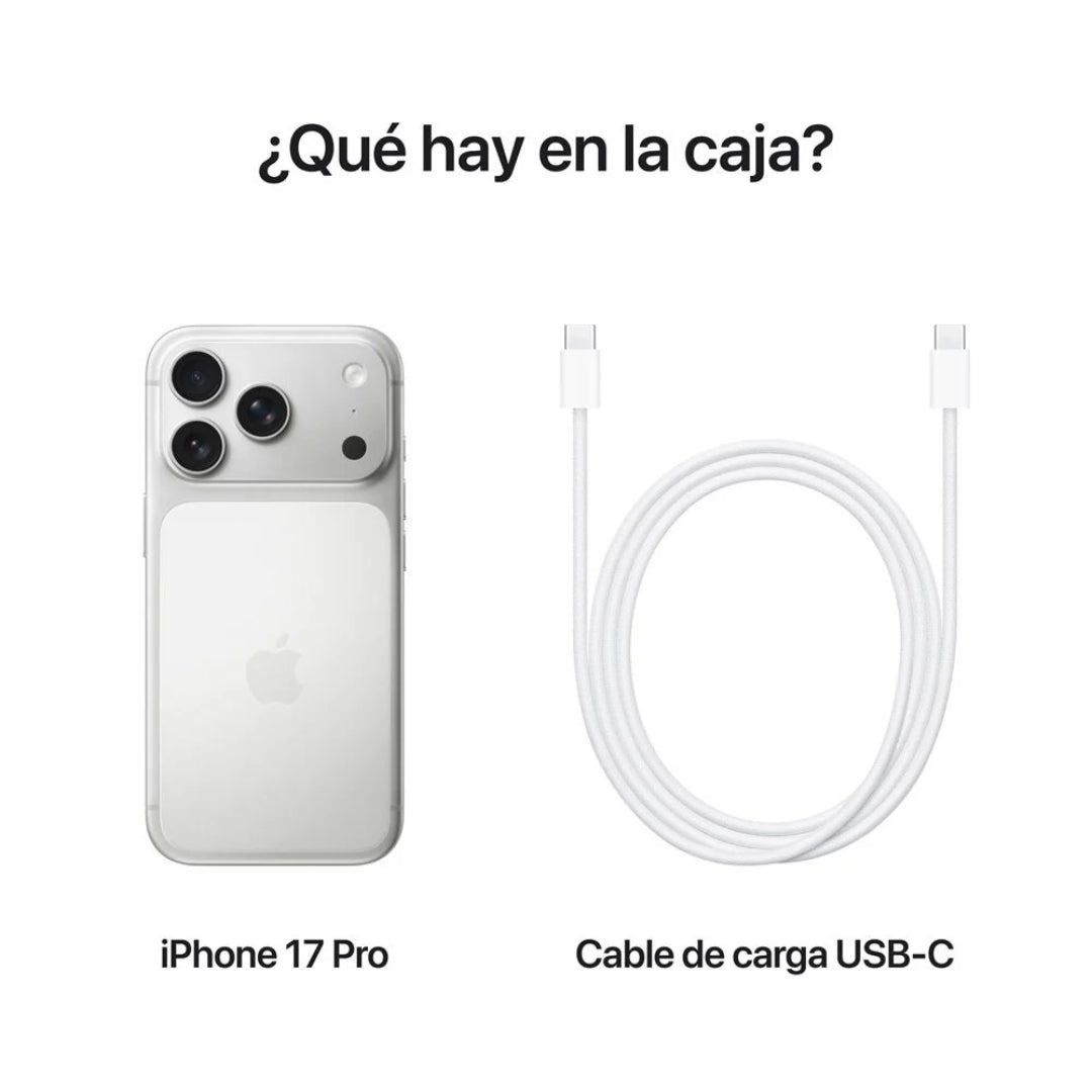 iPhone 17 Pro 256GB Plata, contenido de la caja: equipo y cable de carga USB-C