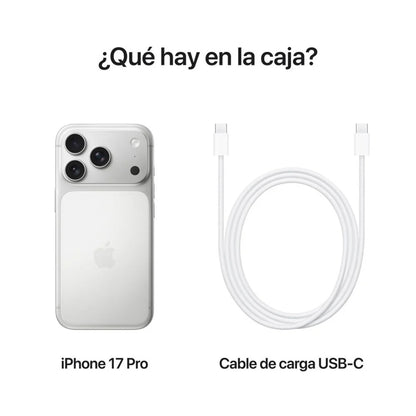 iPhone 17 Pro 256GB Plata, contenido de la caja: equipo y cable de carga USB-C
