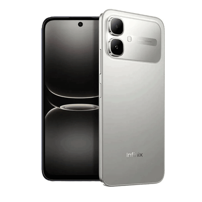 Infinix Smart 20 plateado en ángulo, trasera con cámara doble y pantalla frontal encendida