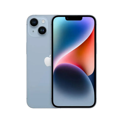 iPhone 14 en azul claro, vista frontal y trasera combinadas con cámara doble