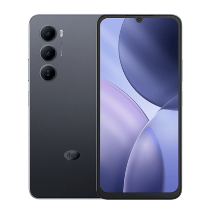 Itel A100 gris azulado, vista trasera con cámara triple y pantalla frontal encendida