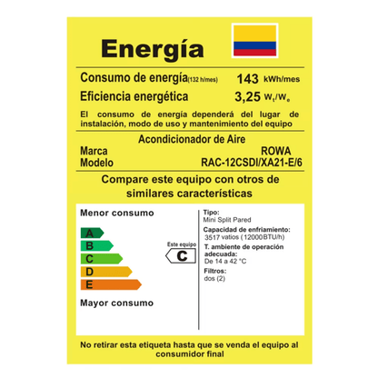 AIRE ACONDICIONADO MINI SPLIT RAC-12CSDI/XA21-E/6 | AIRE ROWA 12K INV 220V