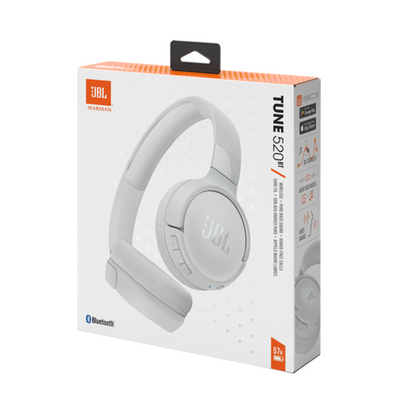 Audífonos JBL Tune 520BT blancos, caja del producto en ángulo