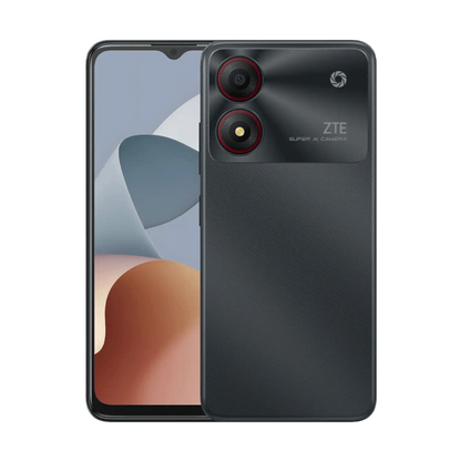 ZTE Blade A34 en negro, vista trasera con cámara doble y pantalla frontal encendida