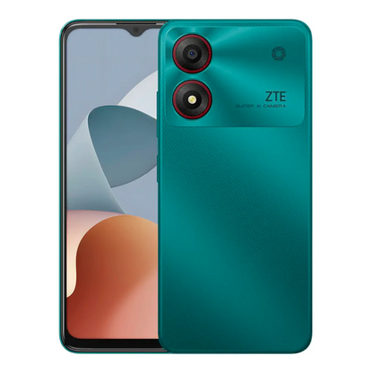 ZTE Blade A34 en verde, vista trasera con cámara doble y pantalla frontal encendida