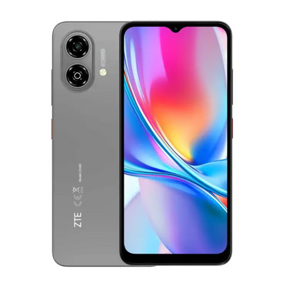ZTE Blade A35E gris, vista trasera con cámara doble y pantalla frontal encendida