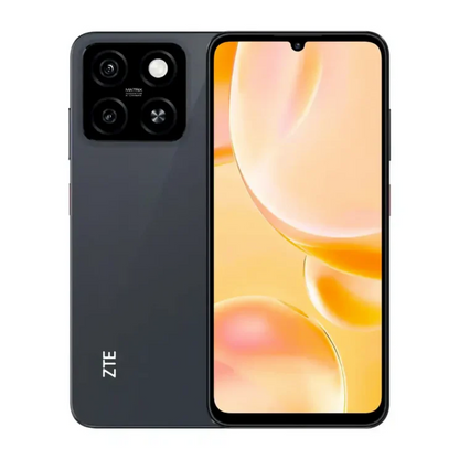 ZTE Blade A55 gris oscuro, trasera con cámaras cuádruples y pantalla frontal encendida