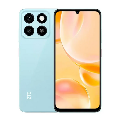 ZTE Blade A55 celeste, trasera con cámaras cuádruples y pantalla frontal encendida