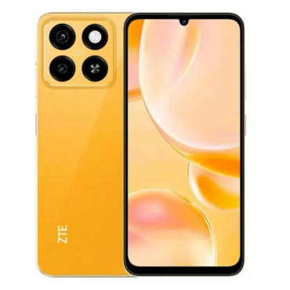 ZTE Blade A55 amarillo, trasera con cámaras cuádruples y pantalla frontal encendida