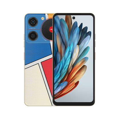 ZTE Nubia Music 256GB con funda estampada azul, rojo y crema, vista trasera y frontal