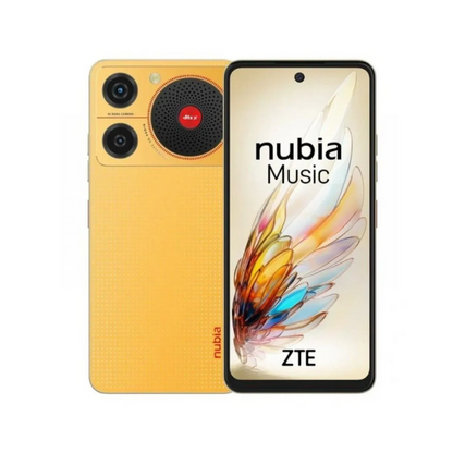 ZTE Nubia Music 256GB amarillo degradado, vista trasera y frontal con el logo Nubia