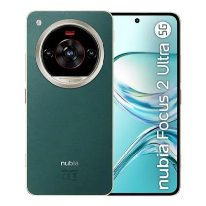ZTE Nubia Focus 2 Ultra en verde, cámara circular grande junto a la pantalla encendida