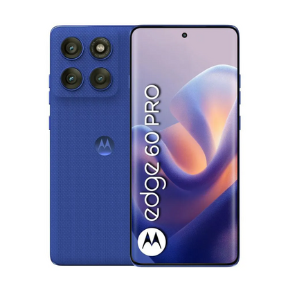 Motorola Edge 60 Pro 512GB azul, vista trasera con cámaras y pantalla encendida