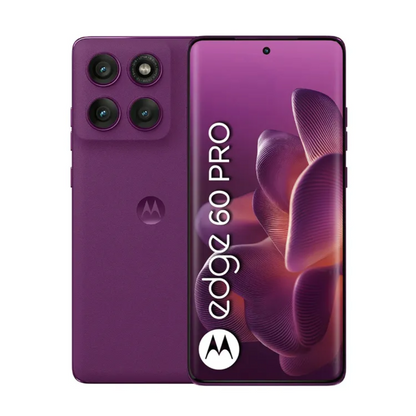 Motorola Edge 60 Pro 512GB morado, vista trasera con cámaras y pantalla encendida