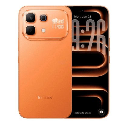 Infinix Note 60 Pro en naranja, vista dividida entre la cámara trasera y la pantalla