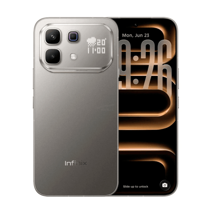 Infinix Note 60 Pro en gris, vista partida entre el panel de cámaras y la pantalla