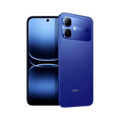 Infinix Smart 20 azul, vista trasera con cámara doble y pantalla frontal encendida
