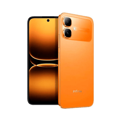 Infinix Smart 20 naranja, vista trasera con cámara doble y pantalla frontal encendida