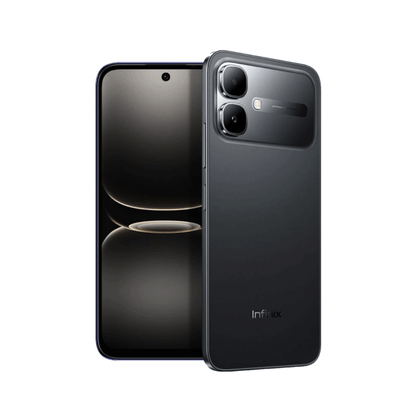 Infinix Smart 20 negro, vista trasera con cámara doble y pantalla frontal encendida