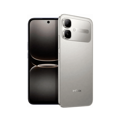 Infinix Smart 20 plateado, vista trasera con cámara doble y pantalla frontal encendida