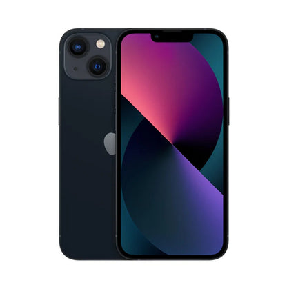 iPhone 13 128GB negro, vista trasera con cámara doble y pantalla encendida de frente