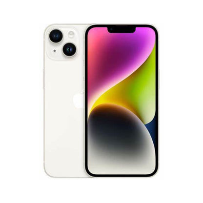 iPhone 14 128GB blanco, vista trasera con cámara doble y pantalla encendida de frente