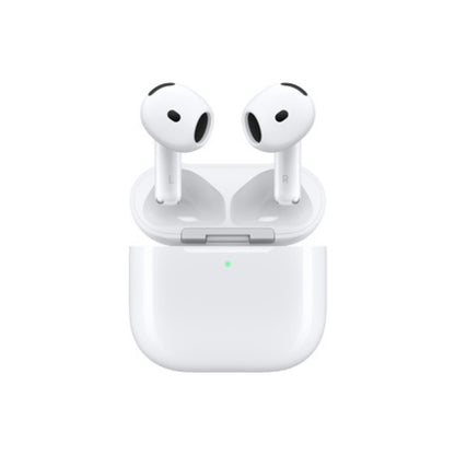 AirPods 4 blancos junto a su estuche de carga abierto con luz indicadora
