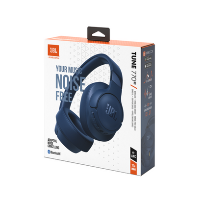Caja de empaque de los audífonos JBL Tune 770NC azules con las características impresas