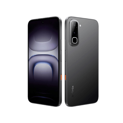 Infinix Hot 70 en negro, vista trasera con cámara doble y pantalla con arcos morados
