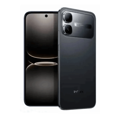 Infinix Smart 20 negro en ángulo, trasera con cámara doble y pantalla frontal encendida