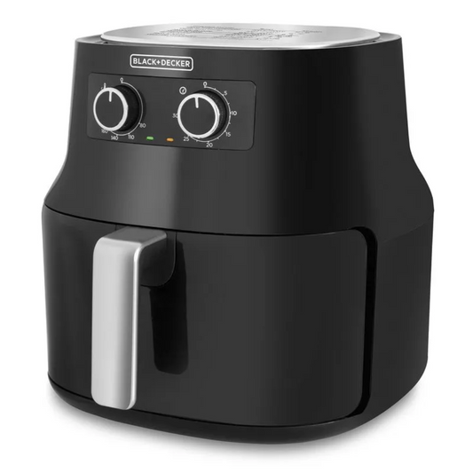 Freidora de aire Black+Decker negra con canasta cerrada y perillas de control