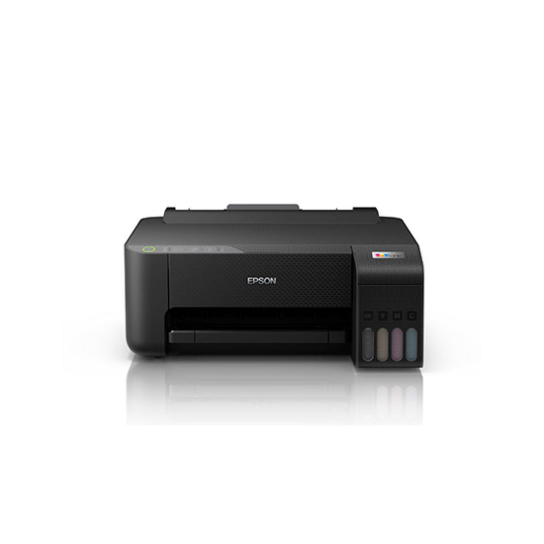 Impresora Epson EcoTank L1250 negra, vista frontal con los tanques de tinta a la vista
