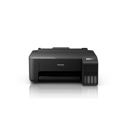 Impresora Epson EcoTank L1250 negra, vista frontal con los tanques de tinta a la vista