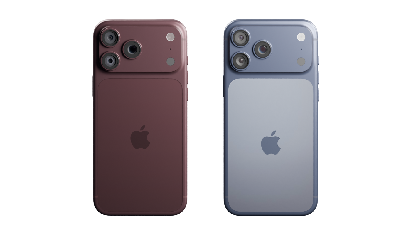 Vista orientativa de los modelos 3D: iPhone 18 Pro Max borgoña e iPhone 17 Pro Max azul